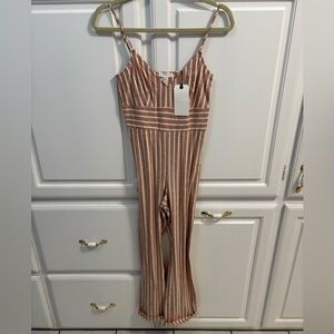 Leith Spaghetti Strap Linen Blend Stripe Flare Leg Jumpsuit NWT Women Size XXS